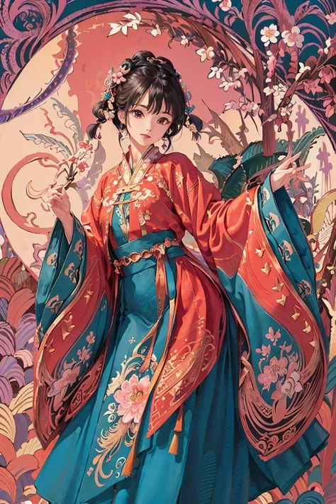 (masterpiece, top quality, best quality, official art, beautiful and aesthetic:1.2), extremely detailed,(fractal art:1.2),colorful,highest detailed,(zentangle:1.2), (dynamic pose), (abstract background:1.5), (many colors:1.4),
1 girl, (MF-SD15-V1:0.8), black hair, hanfu, song style, <lora:hanfu_v30:0.5>,
cherry blossom season,