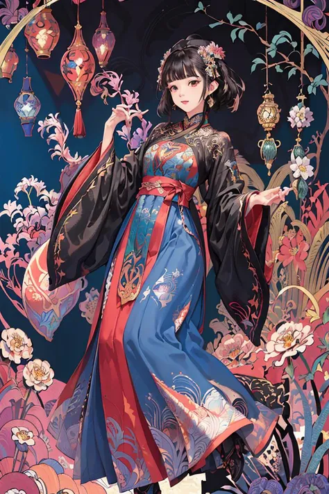 (masterpiece, best quality, official art, beautiful and aesthetic:1.2), extremely detailed,(fractal art:1.2),colorful,(zentangle:1.2), (dynamic pose), (abstract background:1.5), (many colors:1.4),
1 girl, (cajwes:0.8), black hair, hanfu, han style, <lora:hanfu_v30:0.5>, Eustoma grandiflorum, Chrysanthemums blossom,
