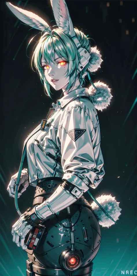 solo, 1girl, (white long fluffy bunny ears:1.5), (green hair:1.5), <lyco:GoodHands-beta2:1.0>, <lyco:image_compositionLoCon:1.0>,black military uniform, jacket, jet black skirt, red tie, oversized mechanical gauntlets, claws on fingers, (red glowing eyes:1.5), violence, military,  <lora:[prosthetic quadruped,Quadruped machinery,mechanical tail,mechanical parts, robot joints,hydraulic system,headgear,four feet]:1.0>, mechanical parts, prosthetic quadruped, two legs, sfw, <lora:add_detail:0.5>, <lora:Lgirl-v6_500steps:-8.0>, hdr, bokeh,