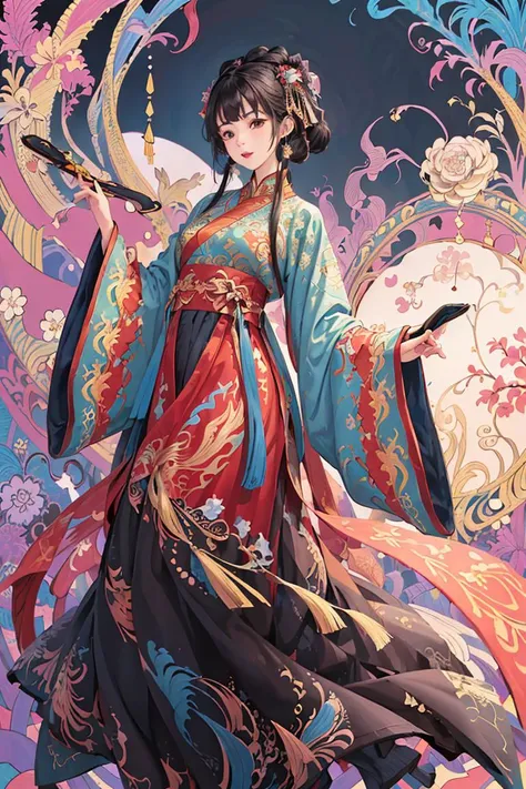 (masterpiece, best quality, official art, beautiful and aesthetic:1.2), extremely detailed,(fractal art:1.2),colorful,(zentangle:1.2), (dynamic pose), (abstract background:1.5), (many colors:1.4),
1 girl, (MackenzieHyde:0.8), black hair, hanfu, tang style, <lora:hanfu_v30:0.5>, Painted Tongue, chinese calligraphy,