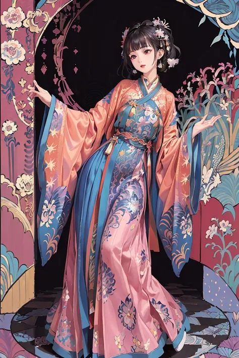 (masterpiece, best quality, official art, beautiful and aesthetic:1.2), extremely detailed,(fractal art:1.2),colorful,(zentangle:1.2), (dynamic pose), (abstract background:1.5), (many colors:1.4),
1 girl, (cajwes:0.8), black hair, hanfu, tang style, <lora:hanfu_v30:0.5>, Allium, Chrysanthemums blossom,