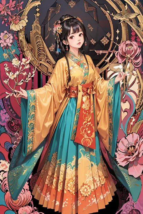 (masterpiece, top quality, best quality, official art, beautiful and aesthetic:1.2), extremely detailed,(fractal art:1.2),colorful,highest detailed,(zentangle:1.2), (dynamic pose), (abstract background:1.5), (many colors:1.4),
1 girl, (MF-SD15-V1:0.8), black hair, hanfu, tang style, <lora:hanfu_v30:0.5>,
chrysanthemums blossom, peonies blossom, goldfish jumps,
