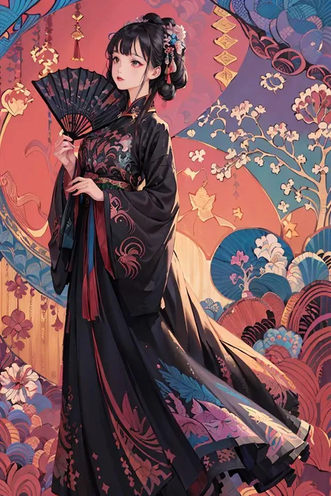 (masterpiece, best quality, official art, beautiful and aesthetic:1.2), extremely detailed,(fractal art:1.2),colorful,(zentangle:1.2), (dynamic pose), (abstract background:1.5), (many colors:1.4),
1 girl, (cajwes:0.8), black hair, hanfu, song style, <lora:hanfu_v30:0.5>, Phalaenopsis, Chinese folding fan,