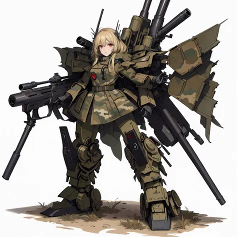 solo,weapon,gun,standing,1girl,camouflage color,mecha musume,Axisymmetric,full armour,holding,white background,robot,mecha,msgirl girl,<lora:msgirlLora_v40H:1>, blond hair, red eyes, camouflage jacket, big_Sniper_Rifle, <lora:militaryUniforms_v1:0.4>, wargirls, see tags, <lora:gothichorrorai_v10:0.5>, gothichorrorai,