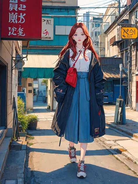 (ins style: 1.5), (masterpiece), 8k wallpaper, illustration, 1 girl, (single player: 1.5), (red perm), (hair decoration), sitting on the side of the road, in the old town, (real street view: 1.4), [warm light], (dilapidated and complex street scene), (frigid face: 1), [Japanese student uniform | top], [Japanese student skirt], (bell mouth), (rich colors), [jeans ], (sneakers), [clear Japanese background], [japanese street shop], [(gaze)|(horizontal angle of view)], (dynamic angle), (light), (daytime: 1.3), [(background clearly visible )|(complicated Japanese street scene)], (quiet atmosphere), (peaceful), [(quiet)|(considerate)], (exquisite face), (detailed face), (special, the most good aesthetic, new, latest, best quality, masterpiece, very detailed, anime:1.2), ulzzang-6500-v1.1, <lora:girlhandfix:0.3>, <lora:aespaKarina_aespaKarinaV2:0.5>, <lora:画风 唯美Samia:0.5>