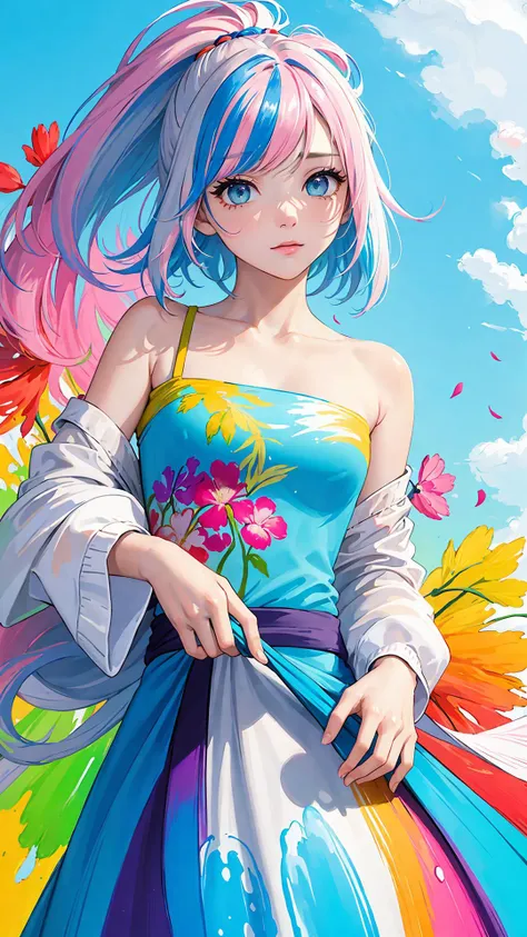 （Pink Fashion T-shirt：1.9），(Colorful hair: 1.8), (all the colours of the rainbow: 1.8),(((((vertical painting：1.6))), （painting：1.6），front, comics, illustrations, paintings, large eyes, crystal clear eyes,（ rainbow color gradient high ponytail：1.7）, exquisite makeup, closed mouth,(Small Fresh: 1.5),(Wipe Chest: 1.6) ，long eyelashes, white off shoulder T-shirt,  White Shoulder Shirt，looking at the audience, large watery eyes, (rainbow colored hair：1.6), color splash, （solo：1.8）, color splash, color explosion, thick paint style, messy lines, ((shining))，(colorful), (colorful), (colorful), colorful, Thick Paint Style, (Splash) (Color Splash), Vertical Painting, Upper Body, Paint Splash, Acrylic Pigment, Gradient, Paint, Highest Image Quality, Highest Quality, Masterpiece, Solo, Depth of Field, Face Paint,  colorful clothes, (Elegant: 1.2), gorgeous,long hair, wind, (Elegant: 1.3), (Petals: 1.4)，(((masterpiece))),(((best quality))),((ultra-detailed)),(illustration),(dynamic angle),((floating)),(paint),((disheveled hair)),(solo),(1girl) , (((detailed anima face))),((beautiful detailed face)),collar,bare shoulders,white hair, ((colorful hair)),((streaked hair)),beautiful detailed eyes,(Gradient color eyes),(((colorful eyes))),(((colorful background))),(((high saturation))),(((surrounded by colorful splashes))), 


