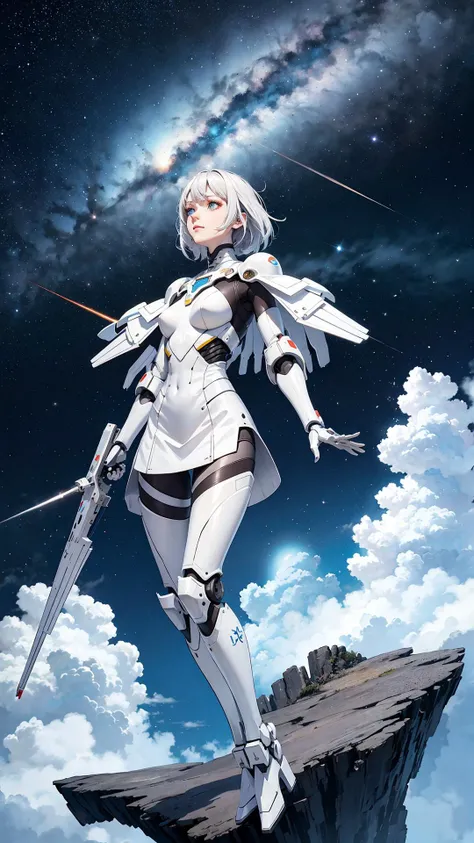 A young woman wearing a gravity suit, (space suit: 1.31), space suit, helmet, colored mask, rebreeder, (looking up at advanced alien structures, on an alien planet), (Mechanical bird:1.26), (mechanical dove:1.31),toned body, (creature), (Mountain :1.1), movie lighting, toned abs, (highest picture quality), (Updraw: ), 1.21 (master works), eyes, (a detailed description: 1.2), (floating colorful stars: 1.4), (the body: 1.5), (black spinel: 1.3), (negative space: 1.31), (mechanical arm: 1.13), (cloud), (Milky Way: 1.22), (Movie poster :1.3), a girl,(White Armor :1.5), Mecha, robotic arm,(prosthetic limb :1.3), (prosthetic eye: 1.2), (water magic: 1.2), (thigh), (white hair: 1.3), (high quality), (positive: 1.1), (features: 1.2), (geometrical image of chaos: 1.3), (drawings: 1.3), (great mechanical ball: 1.5), (strabismus: 1.3), (1.3) ether: colors on flow, mecha, crystals, Element Surge, Magic Armor, (Helmet: 1.213), (Leggings: 1.13), (Starship: 1.41), (Broken Planet: 1.31), (Starship: 1.123), (design drawing: 1.42), (console: 1.12), (Starship: 1.21), Suspended