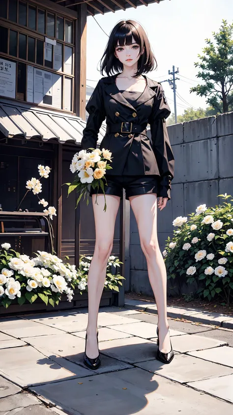 <(masterpiece, realistic:1.3), (extremely intricate:1.2)>,Meticulous, (night:1.36),masterpiece, rich details, rich light and shadow, (girl: 1.21), , (black fashion jacket: 1.31), (street side: 1.1), (black hair: 1.2), (black long hair: 1.2), (white shorts: 1.25), front light, top light, black and white short sleeves, white pants, (bus stop sign: 1.16), standing sideways, 45°, vertical painting, (blank space: 1.1), (holding flowers :1.4),, (flat chest: 1.1), cute girl, mouth closed, (glossy hair: 1.1), messy hair, standing, (short hair: 1.1), (bangs: 1.31), clavicle , clean girl, pretty girl, (cross bangs: 1.1), focus alone, 1 girl, alone, (black eyes: 1.21), (shiny eyes: 1.1), close-up, focus person, (high contrast: 1.21), (natural light: 1.1), (light: 1.23), uniform light, (overlooking: 121), (looking at the audience: 1.41), foreground, refreshing, elegant posture, beautiful, graceful, centered, ( dark tone: 1.21), (under street lights in dark sky: 1.11),<lora:shojovibe_v11:0.3>, <lora:yoneyamaMaiStyleLora_yoneyamaMaiV2:0.2> ,<lora:shenheLoraCollection_shenheHard:0.5>