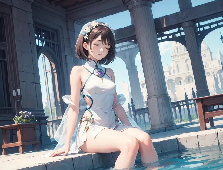 masterpiece, high technology mechanization ,digital art monitor, beautiful l body sit seiza on the circular form water in robo girl, Inside the stone building, closed eyes,