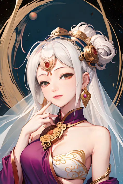 (((bodhisattva))), ((Veil)), ((Bindi)), ((portrait)), ((galaxy background)), ((universe)), ((half body)), (earrings), (jewelry), (diamond), (medium breasts), (long hair), (white hair),