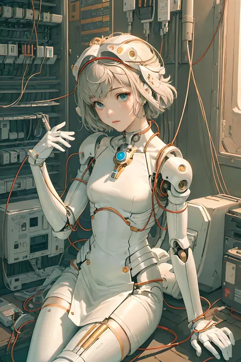 (((masterpiece))), (((best quality))), ((ultra-detailed)), (highly detailed CG illustration), ((an extremely delicate and beautiful)),(cute delicate face),cinematic light,((1mechanical girl)),solo,full body,(machine made joints:1.4),((machanical limbs)),(explosed muscles),(blood vessels connected to tubes),(a brain in container:1.3),((mechanical vertebra attaching to back)),((mechanical cervial attaching to neck)),((sitting)),expressionless,(wires and cables attaching to head and body:1.5),small breasts,short hair,(character focus),science fiction