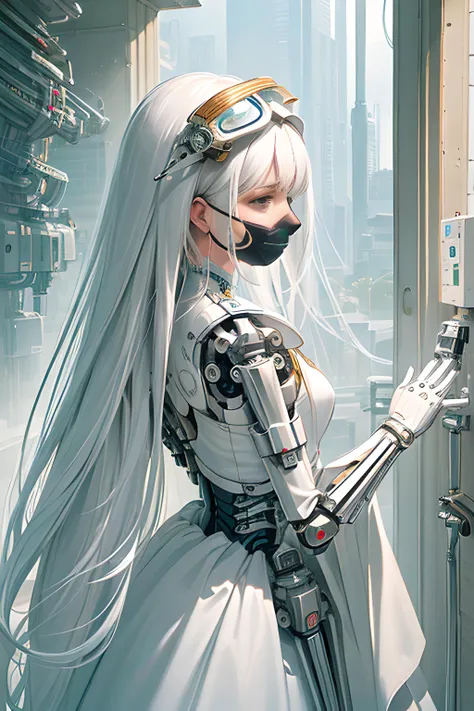 (((masterpiece))), (((best quality))), ((ultra-detailed)), (highly detailed CG illustration), ((an extremely delicate and beautiful)),cinematic light,
((1mechanical girl)), (cute delicate face), solo, ((running)), half body, ((face mask)), (machine made joints), ((mechanical limbs)), (exposed muscles), (blood vessels connected to tubes),(a brain in container),((mechanical vertebra attaching to back)),((mechanical cervical attaching to neck)), ,(wires and cables attaching to head and body),small breasts, ((long hair)), ((white hair)), ((helmet)), ((black sunglasses)), (character focus),science fiction