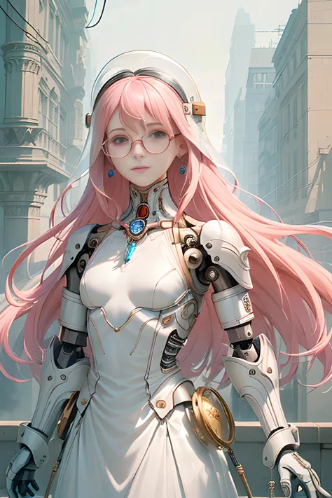(((masterpiece))), (((best quality))), ((ultra-detailed)), (highly detailed CG illustration), ((an extremely delicate and beautiful)),
((1mechanical girl)), (cute delicate face), solo, ((running)), half body, ((white face mask)), ((earrings)), ((jewelry)), ((diamond)), (machine made joints), ((mechanical limbs)), (exposed muscles), (blood vessels connected to tubes),(a brain in container),((mechanical vertebra attaching to back)),((mechanical cervical attaching to neck)), ,(wires and cables attaching to head and body),small breasts, ((long hair)), ((pink hair)), ((helmet)), (((round glasses))), (character focus),science fiction