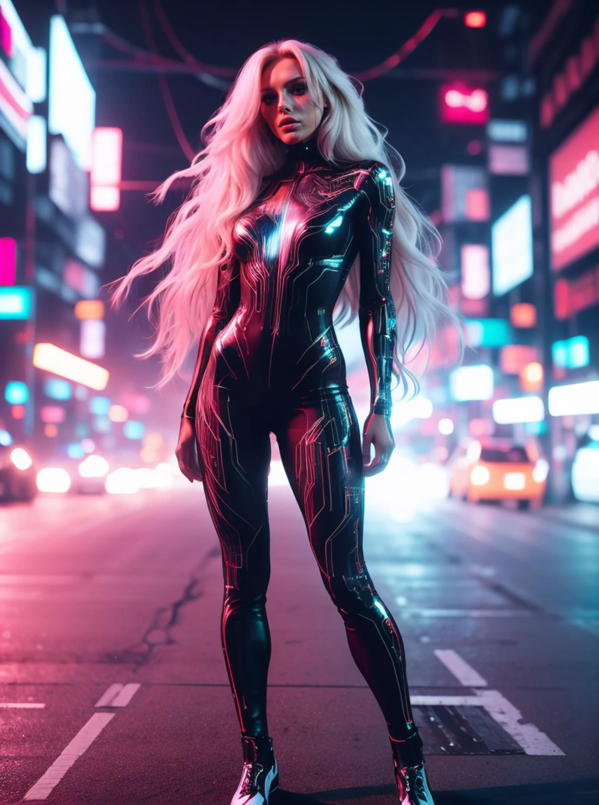 RAW photo, full body shot 1girl, supermodel, posing, beautiful face, long white hair, red bodysuit, glitches, (digital glitching:1.2), complex cyberpunk street background <lora:GlitchFashion:0.65> GlitchFashion, 8k uhd, dslr, soft lighting, high quality, film grain, Fujifilm XT3, (intricate details:0.9), (hdr, hyperdetailed:1.2)