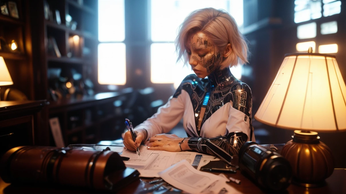 RAW photo, the girl is sitting at the table, writing a book, beautiful face, short white hair, blouse, books are on the table, pen in hand, GlitchFashion style, glitching, glitches, cyber (futuristic background:1.2), (light theme:1.2)
<lora:GlitchFashion:0.75> , 8k uhd, dslr, soft lighting, high quality, film grain, Fujifilm XT3, (intricate details:0.9), (hdr, hyperdetailed:1.2)