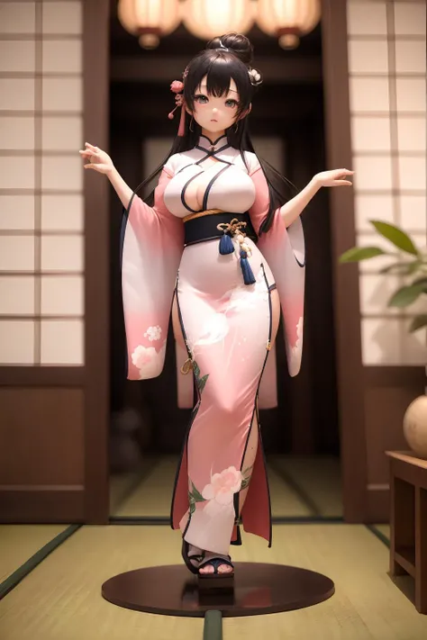 d shouban,Indoor, Chinese architecture,1girl, solo, pink dress,japanese clothes, black hair,side bun, very long hair, blue eyes, amber eyes,large breasts, blurry background, UHD, 8k, best quality, high details , retina