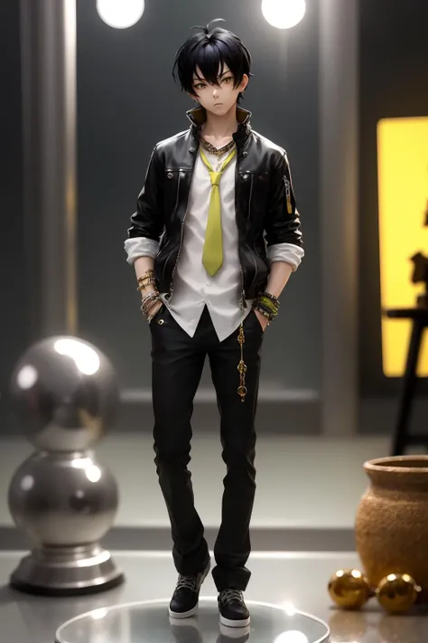 d shouban,1boy, solo, male focus, necktie, black hair, hands in pockets, jewelry, yellow eyes, bracelet, jacket, shoes, watch, standing, blurry background, UHD, 8k, best quality, high details , retina