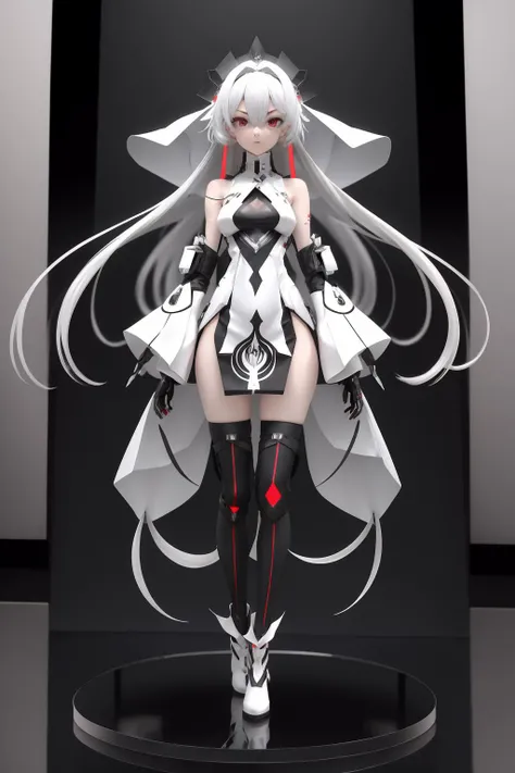 d shouban, 1girl, solo, long hair, thighhighs, white hair, asymmetrical legwear, gloves, single thighhigh, elbow gloves, multicolored hair, bare shoulders, looking at viewer, red eyes, detached sleeves, breasts, standing, full body, dress, veil, uneven legwear,blurry background, UHD, 8k, best quality, high details , retina