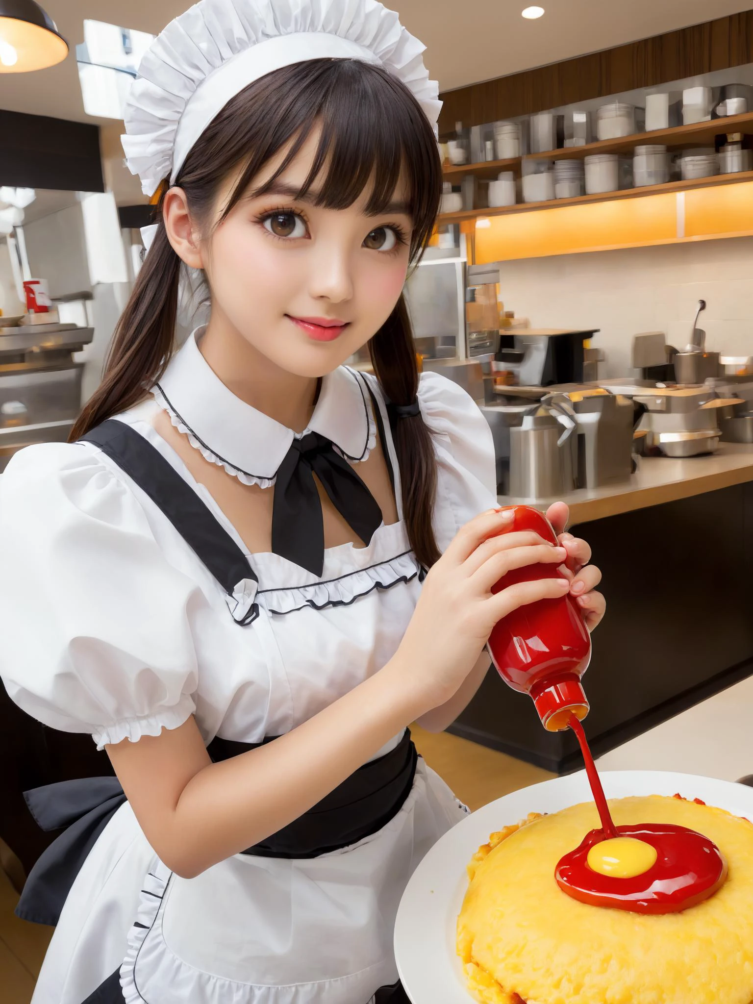 photo real,1girl, big breasts,,omumoji,maid, maid apron, food, omurice, ketchup bottle, solo,
dutch angle, portrait, looking at viewer,  closed mouth,restaurant,best quality, real quality,
 <lora:omumojiXLv1:0.85> <lora:MTAHashimotoKannaXL:0.5> hashimotokanna
