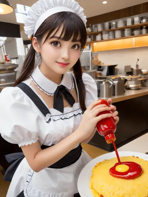 photo real,1girl, big breasts,,omumoji,maid, maid apron, food, omurice, ketchup bottle, solo,
dutch angle, portrait, looking at viewer,  closed mouth,restaurant,best quality, real quality,
 <lora:omumojiXLv1:0.85> <lora:MTAHashimotoKannaXL:0.5> hashimotokanna