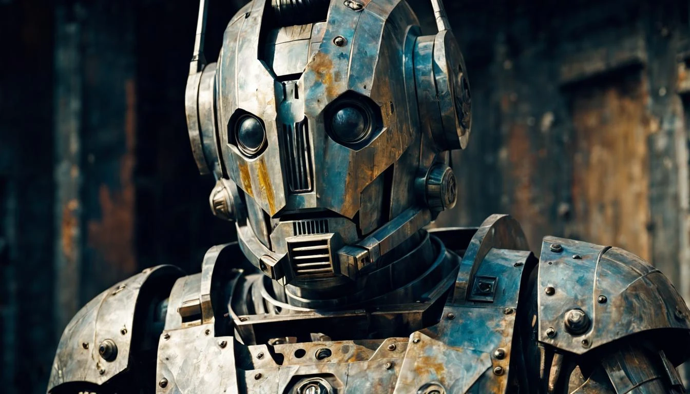 breathtaking cinematic glitchy photo, surreal, grunge style, dirty, noisy, textured, distressed, vintage, edgy, Cyberman, wearing armor designed by Dwarves, Kodak gold 200, 800mm lens, digital distortion, highly detailed, award-winning