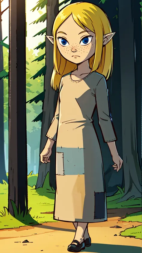 portrait,sharp focus,soft lighting,illustration,depth of field,outdoors,forest,trees,milaww,1girl,solo,long hair,blonde hair,dress,patchwork clothes,blue eyes,elf,freckles,full body,shoes,arms behind back,<lora:milaww-000003:0.75>,<lora:Style_of_the_Winds:0.4>,