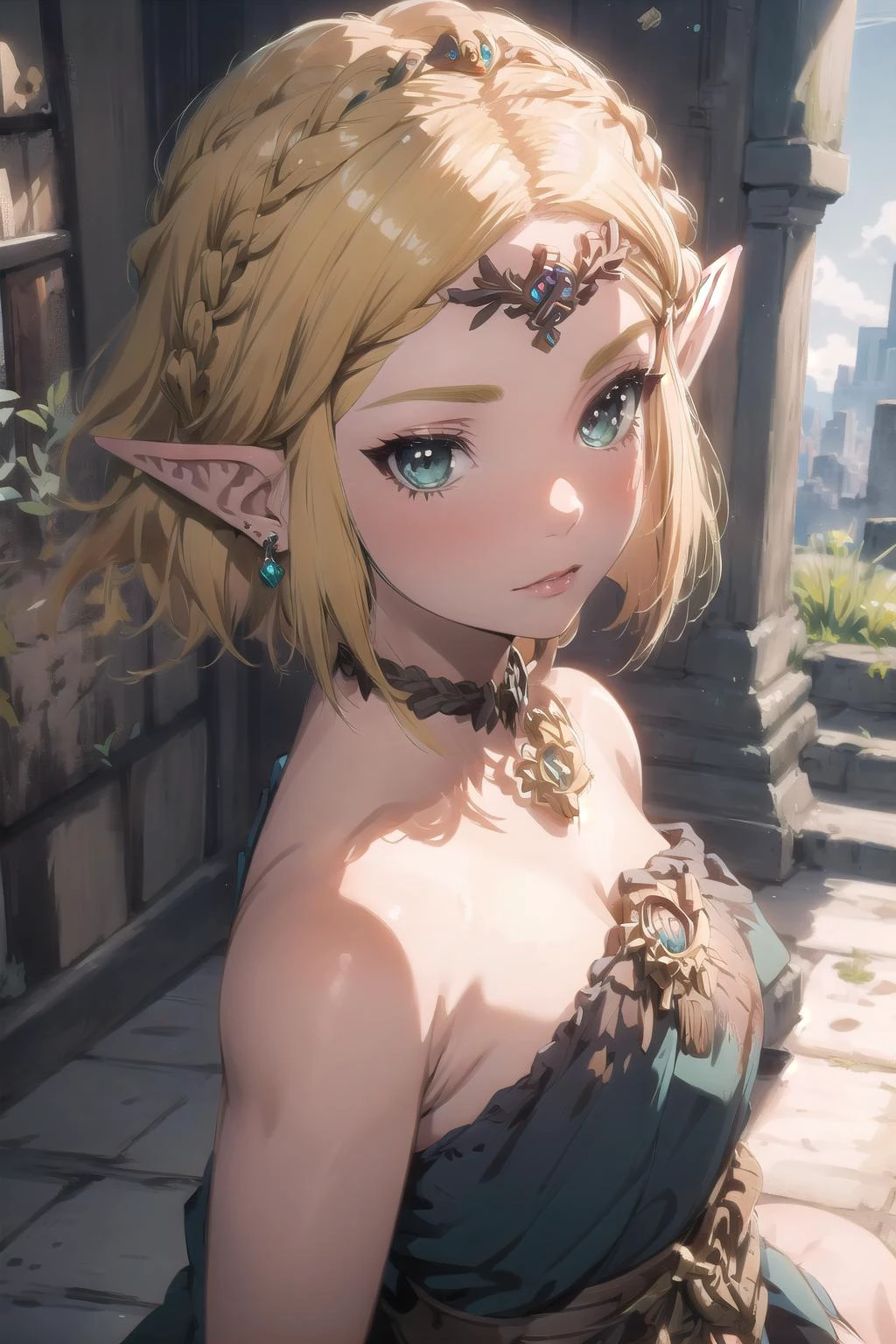 ultra-detailed,masterpiece,best quality,extremely detailed,watercolor,sharp focus,portrait,illustration,ZeldaTOTK,princess zelda,greed eyes,jewelry,pointy ears,blonde hair,crown braid,short hair, medium breasts,NSFW,<lora:ZeldaTOTK_20230721032435-000020:0.8> medium breasts,