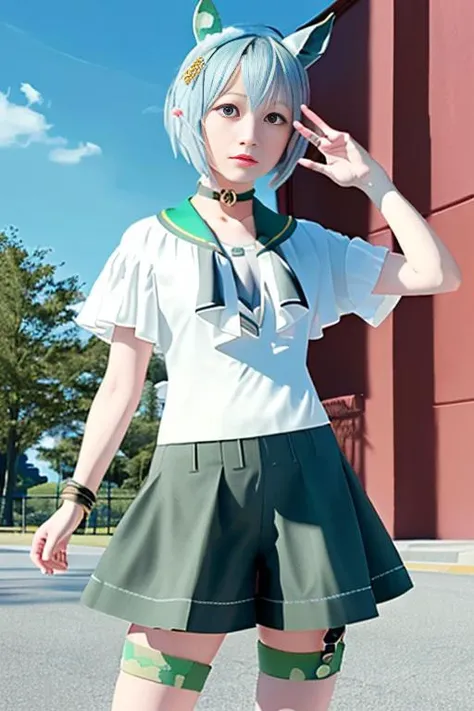 (photorealistic), (cinematic still shot), cinematic photography, masterpiece, extremely detailed, best quality, original, dynamic posture, dynamic angle
<lora:seiunSkyUmamusume_v10:0.8>, umamusume, horse ears, hair ornament, seiun sky \(umamusume\), white shirt, short shorts, green shorts, jewelry, choker, bracelet, thigh strap, medium skirt, salute
<lora:koreanDollLikeness_v10:0.4>