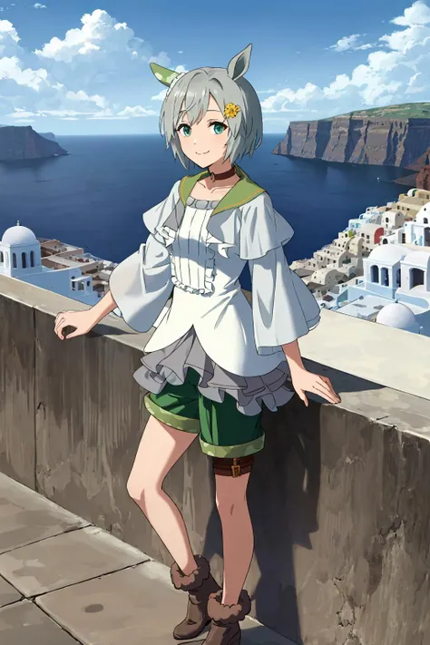 single ear cover, hair flower, hairclip, brown choker, green sailor collar, white shirt, center frills, jewelry, bracelet, layered sleeves, short over long sleeves, wide sleeves, white dress, green shorts, short shorts, single thigh strap, fur-trimmed boots, grey footwear, high heels,
closed mouth and light smile,  looking at viewer, standing, 
 <lora:seiun_sky_lora:0.8> seiun sky \(umamusume\), santorini,, masterpiece, best quality,
