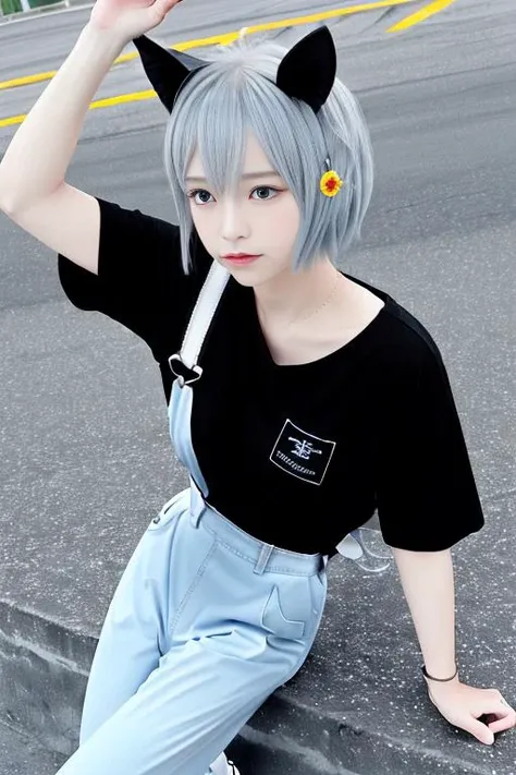 (photorealistic), (cinematic still shot), cinematic photography, masterpiece, extremely detailed, best quality, original, dynamic posture, dynamic angle
<lora:seiunSkyUmamusume_v10:0.7>, umamusume, horse ears, hair ornament, seiun sky \(umamusume\), suspenders pants, overalls jumpsuits, black shirt, short sleeves, white footwear, sneakers, one-side off shoulder
<lora:koreanDollLikeness_v10:0.4>