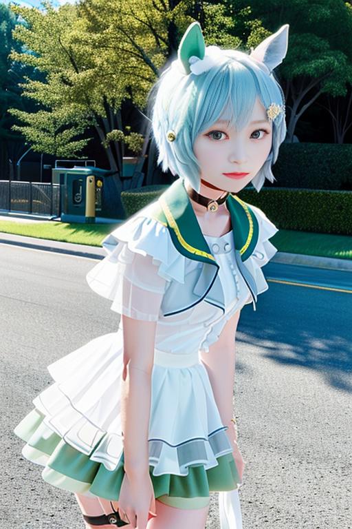 There is a woman in a costume that is standing on the street - SeaArt AI