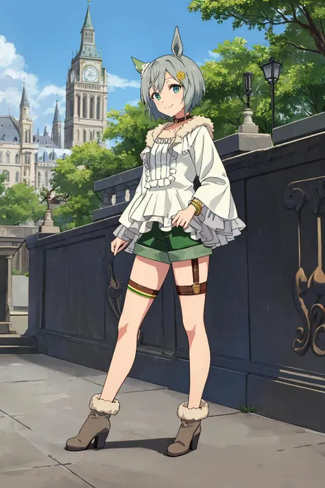 single ear cover, hair flower, hairclip, brown choker, green sailor collar, white shirt, center frills, jewelry, bracelet, layered sleeves, short over long sleeves, wide sleeves, white dress, green shorts, short shorts, single thigh strap, fur-trimmed boots, grey footwear, high heels,
closed mouth and light smile, looking at viewer, standing,
cityscape,
<lora:seiun_sky_lora:0.75> seiun sky \(umamusume\),, masterpiece, best quality,