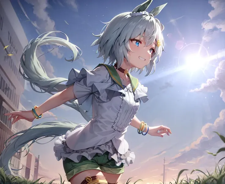 masterpiece, best quality,
seiun sky \(umamusume\),
white shirt, short shorts, green shorts, jewelry, choker, bracelet, thigh strap, medium skirt,
serious, glowing eyes, aura,
running, grass, grin, blue sky, lens flare, from side, look away, profile,
<lora:seiunSkyUmamusume_v10:0.65>