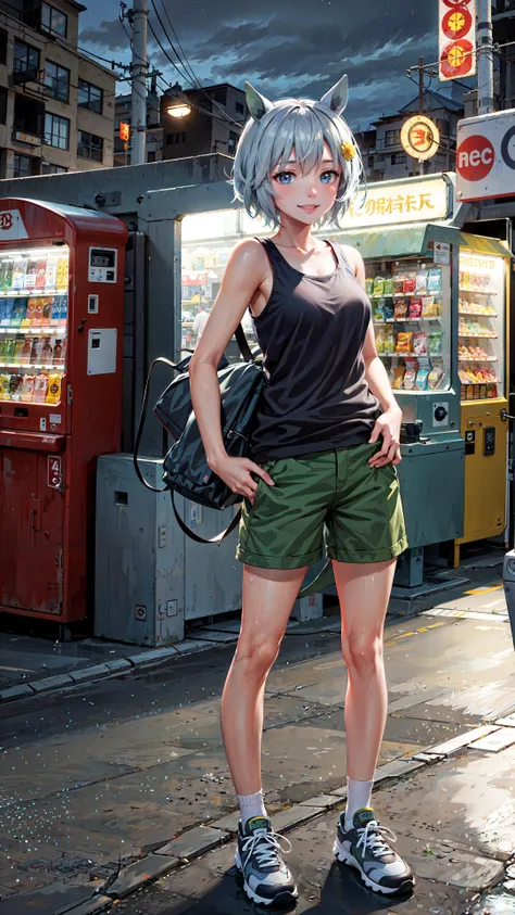 night,rain,
tank_top,shorts,ankle_socks,sneakers,standing,smile,cityscape,street,flower ocean,vending_machine,city, hand behind head, masterpiece, best quality,, <lora:seiun_sky_lora:0.6>, seiun sky \(umamusume\),, masterpiece,bestquality,highlydetailed,ultra-detailed,extremely detailed CG unity 8k wallpaper, illustration, lens 135mm,1girl,