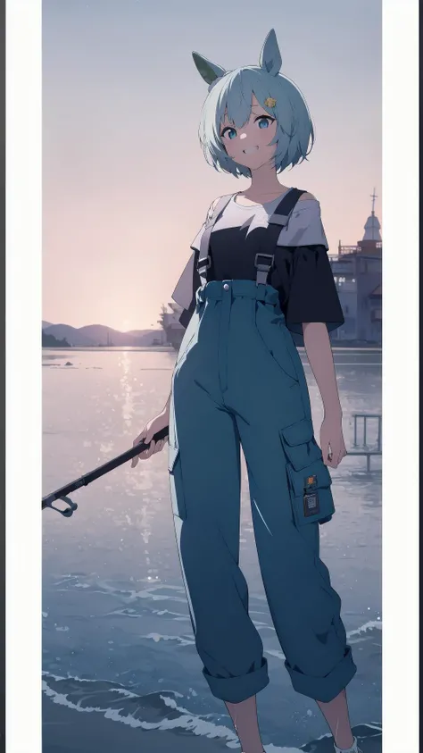 <lora:BArtstyleV9b-CF-Lion-GC-LBW:0.7>,,(white border, :1.55) (feet out of frame:1.4),fishing rod, fishing, 1girl, doyagao, grin, scenery, bird, outdoors, short hair, building, plant, standing, water, solo, holding fishing rod, border, fish soaking feet, <lora:seiun_sky_no_no_lora:0.5:LBW=OUTALL>seiun sky \(umamusume\), suspenders pants, overalls jumpsuits, black shirt, short sleeves, white footwear, sneakers, one-side off shoulder