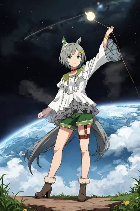 single ear cover, hair flower, hairclip, brown choker, green sailor collar, white shirt, center frills, jewelry, bracelet, layered sleeves, short over long sleeves, wide sleeves, white dress, green shorts, short shorts, single thigh strap, fur-trimmed boots, grey footwear, high heels,
closed mouth and light smile, looking at viewer, standing,
<lora:seiun_sky_lora:0.8> seiun sky \(umamusume\), universe,space,planet,, masterpiece, best quality,