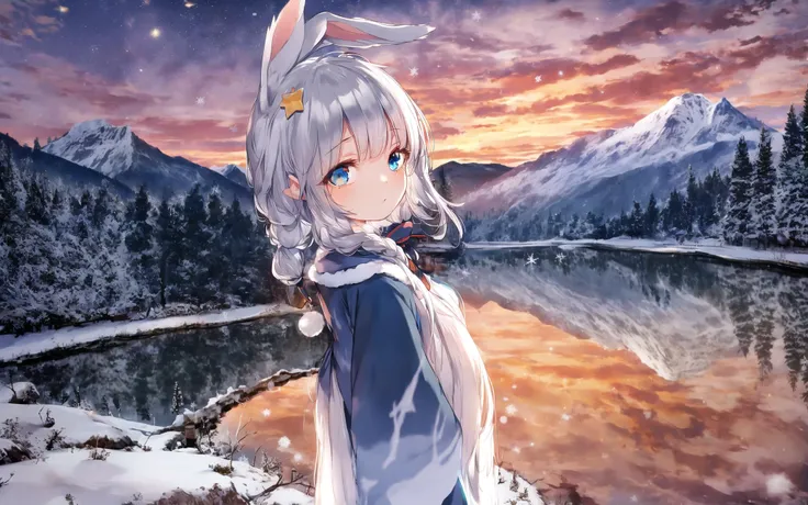 original, (masterpiece), (illustration:1.1), (detailed and beautiful), (perfect details), (unity CG 8K wallpaper:1.05), (beautiful and clear background:1.25), (depth of field:0.75), (1 (cute young girl:0.9) with long silver hair, ((snowflake:0.4) head ornament on hair:1.1) and (rabbit ears:1.1) stands aside the (frozen lake with (forest and mountain:1.1):1.35) under the (sunset:1.2) in the (winter:0.65):1.1). (detailed beautiful eyes:1.2), (beautiful face:1.2), (hair blowing with the wind:1.05), (blue eye:1.1), solo, (snow:0.4), aurora, stars.