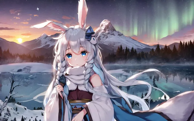 original, (masterpiece), (illustration:1.1), (detailed and beautiful), (perfect details), (unity CG 8K wallpaper:1.05), (beautiful and clear background:1.25), (depth of field:0.75), (1 (cute young girl:0.9) with long silver hair, ((snowflake:0.4) head ornament on hair:1.1) and (rabbit ears:1.1) stands aside the (frozen lake with (forest and mountain:1.1):1.35) under the (sunset:1.2) in the (winter:0.65):1.1). (detailed beautiful eyes:1.2), (beautiful face:1.2), (hair blowing with the wind:1.05), (blue eye:1.1), solo, (snow:0.4), aurora, stars.