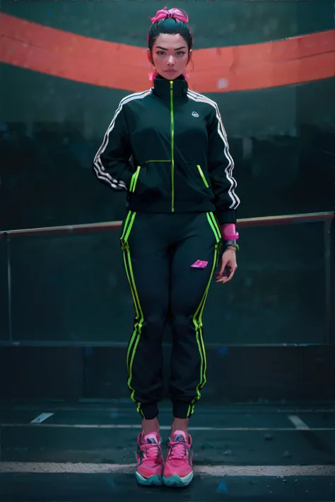 <lora:pumpkinstyle:0.6>, woman wearing track jacket, track pants, sneakers with neon accents, wristbands || masterpiece, perfect quality, sharp focus, shallow depth of field, 8k