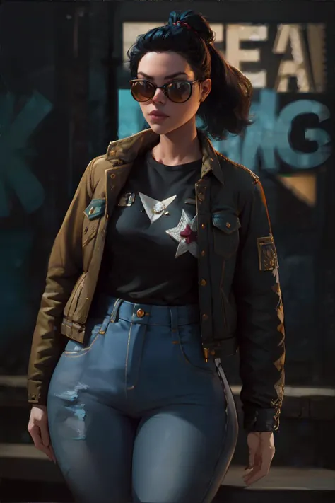 <lora:pumpkinstyle:0.6>, woman wearing denim jacket with patches, corduroy pants, Converse Chuck Taylors, wayfarer sunglasses || masterpiece, perfect quality, sharp focus, shallow depth of field, 8k