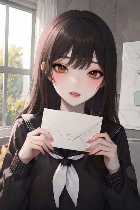 1girl,solo,brown hair,school uniform,looking at viewer,holding,serafuku,long hair,neckerchief,parted lips,shirt,sailor collar,bangs,upper body,long sleeves,indoors,envelope,blush,black sailor collar,curtains,black shirt,letter,black serafuku,sunlight,white neckerchief,hands up,holding envelope,love letter,brown eyes,window,holding letter,light particles,