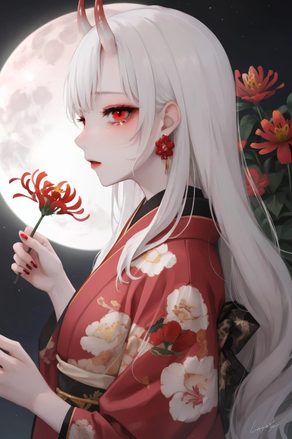 horns,red eyes,earrings,jewelry,1girl,applying makeup,oni horns,red nails,spider lily,white hair,moon,holding,virtual youtuber,oni,red kimono,flower,kimono,long hair,japanese clothes,bangs,nakiri ayame,solo focus,nail polish,window,red flower,profile,full moon,from side,tears,night,signature,glowing,out of frame,