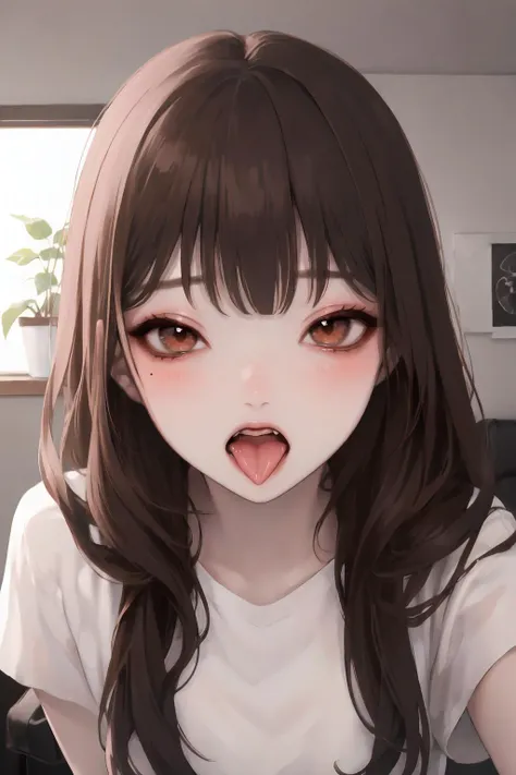 1girl, brown hair, looking at viewer, tongue, long hair, shirt, blush, open mouth, white shirt, indoors, short sleeves, saliva, bangs, tongue out, teeth, mole, upper body, brown eyes, pov, solo, upper teeth only, saliva trail, plant