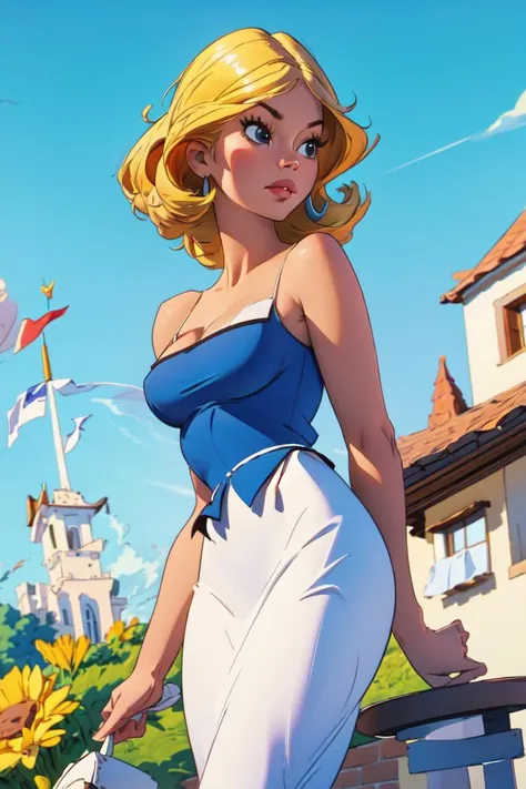 ((best quality)), ((masterpiece)), (detailed),(high-resolution:1.2),
1 girl, Falbala, blond, blue and white skirt,