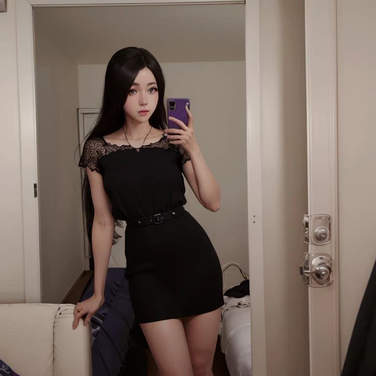 1girl, mirror selfie, holding phone, detailed eyes, city apartment, dark illumination, low light, masterpiece, detailed shadows, highly detailed, best quality, HD, 4K, high quality, EllesClub, full body, (EllesClub), detailed face, beautiful purple and black dress, realistic, <lora:MirrorSelfieLora:0.6>, <lora:EllesClub:0.8>