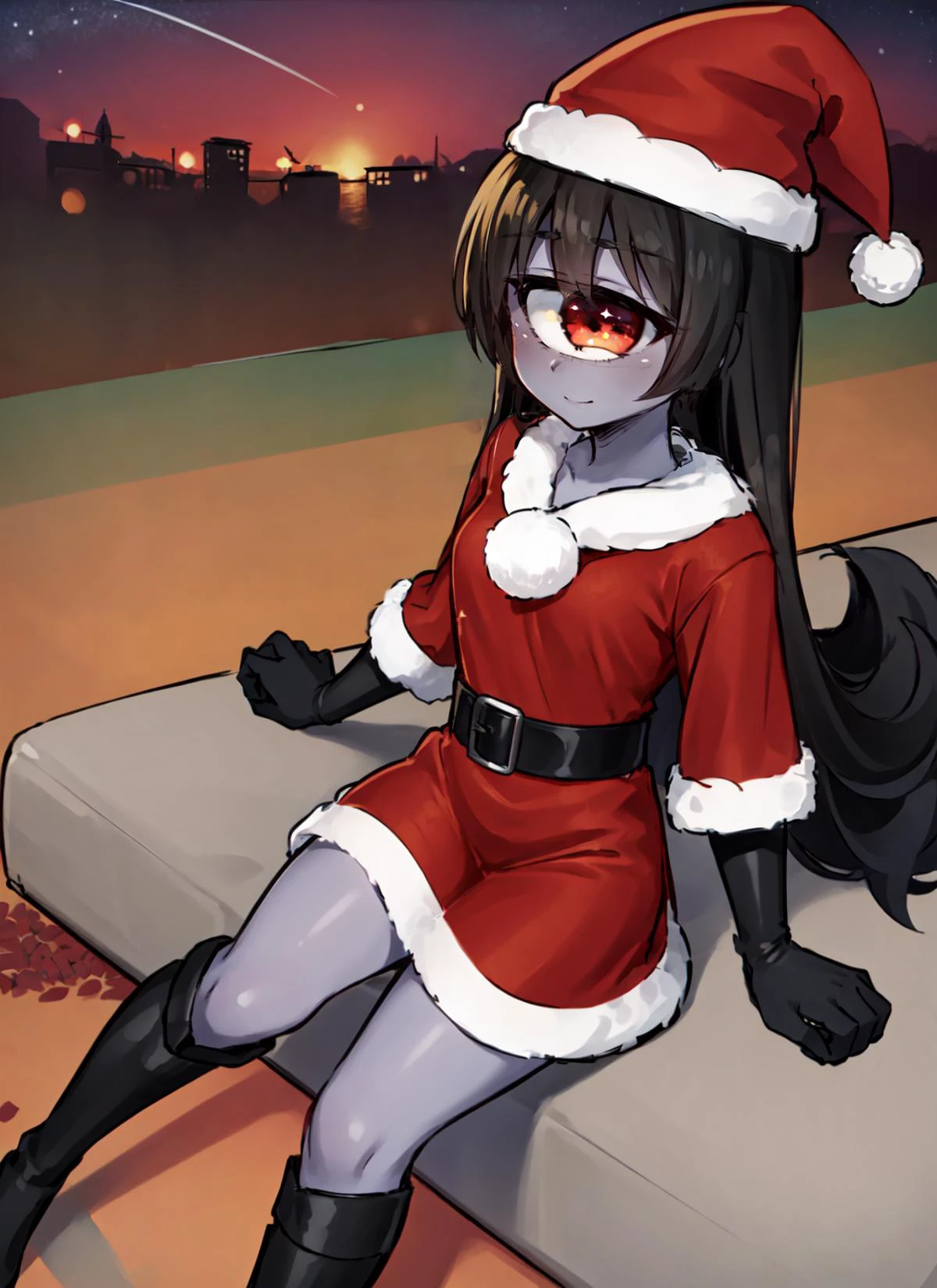 ((best quality)), ((highly detailed)), masterpiece, absurdres, detailed face, beautiful face, (detailed eyes, deep eyes), (1girl), from above, full body, very wide shot, <lora:SANTADRESS:.7>, sntdrs, red santa dress, fur trim, belt, santa hat, gloves, knee boots, black footwear, <lora:aiomonstergirls_loraLocon:.7>, ((gazer)), <lora:animeCyclops_v10:.7>, cyclop, (cyclops), one-eyed, colored skin, yellow colored sclera, red colored eyes, extra eyes, colored skin, grey colored skin, black hair, medium breasts, smile, (outside, at a train station, dusk, shooting star)