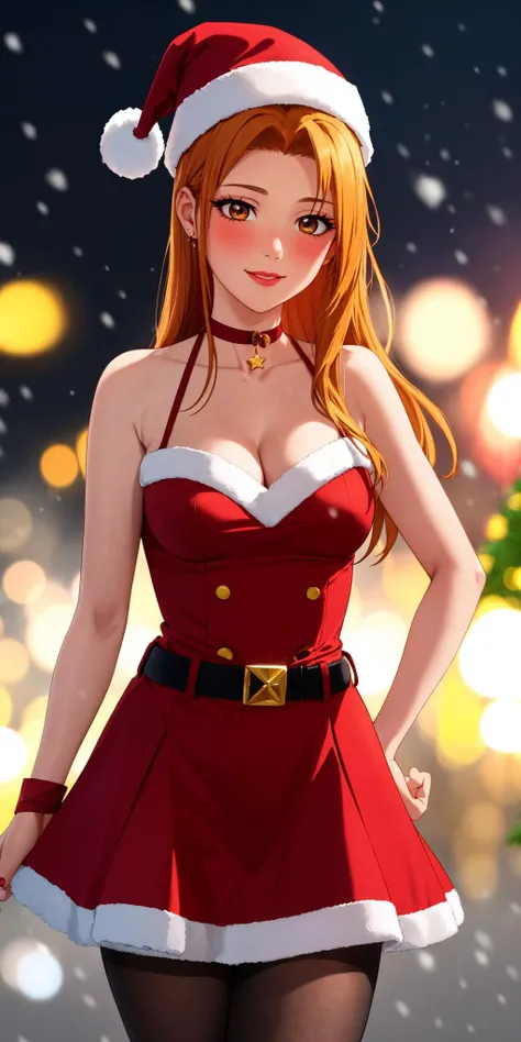 masterpiece, best quality, <lora:AliceLoraV2SD1_5V2:0.7>, alicedv, orange hair, orange eyes, medium breasts, 1girl, solo, long hair, <lora:santadress:0.3>, woman wearing sntdrs, black santa dress, cleavage, thighs, white fur trim, belt, pantyhose, open shoulders, red choker, christmas tree, warm light, rtx, hdr, pink lips, cute, black eyes makeup, light smile, shy, blush, amazing background, outside, snowing, stars, atmospheric, portrait, bokeh, amazing background, fireworks