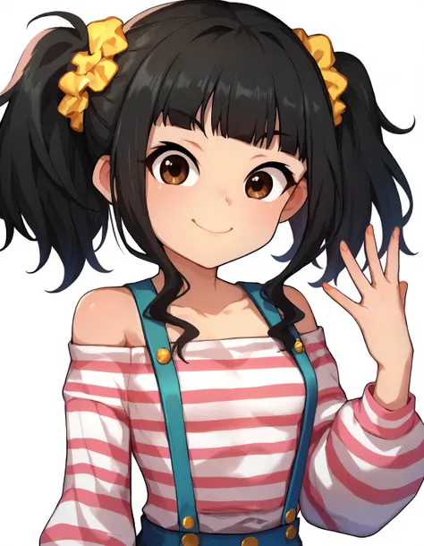 score_9, score_8_up,score_7_up,1girl,upper body,looking at viewer,(smile:0.6),closed mouth,
<lora:fujiitomo_ponyXLV6:0.8>,cgft,fthb,twintails,small breasts,
yellow scrunchie,black hair,brown eyes,
pink striped shirt,off-shoulder,suspenders