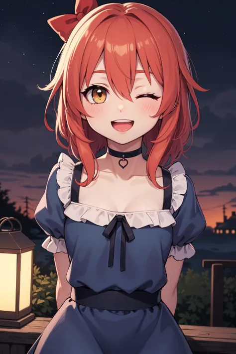 1girl, ;d, blue dress,lurry background, choker, cloud, collarbone, dekalco, depth of field,hair between eyes, long hair, looking at viewer, one eye closed, open mouth, outdoors, puffy short sleeves, puffy sleeves, red bag, ribbon-trimmed choker, short sleeves, sky, smile, soft serve, solo, upper body, yellow eyes, red hair,night, arms behind back, lantern, /