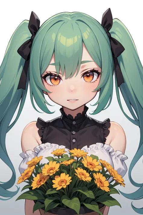 ((best quality)), ((masterpiece)), (detailed), 1girl, grimace, florist, orange eyes, light green hair, uneven twintails, sideways,8k resolution /